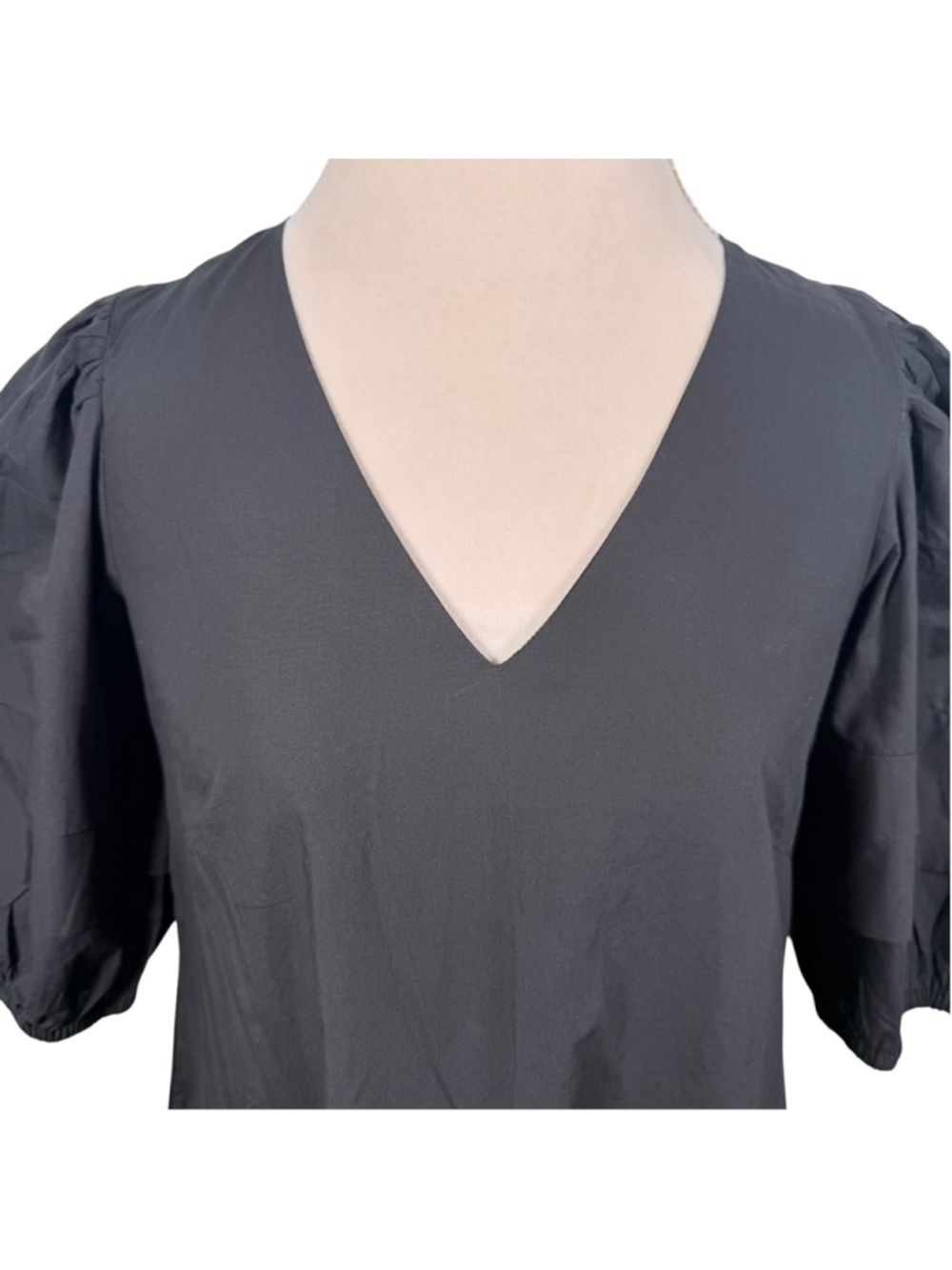 OLIVIA JAMES The Label Georgia Black Cotton Poplin V-Neck Puff Sleeve Midi Dress - Picture 4 of 11